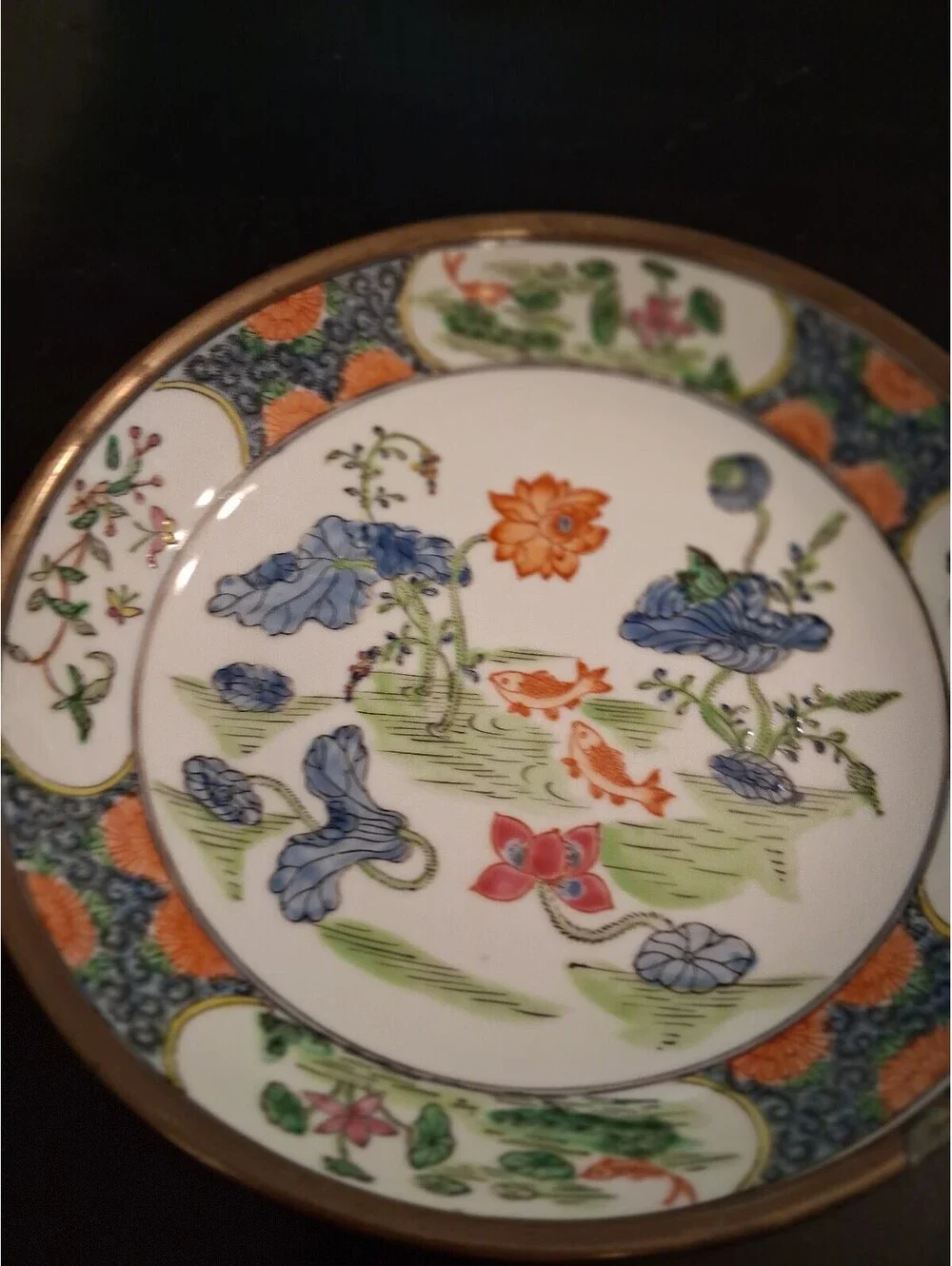 Hand Painted Canton Ware Ashtray with Floral and Fish Design